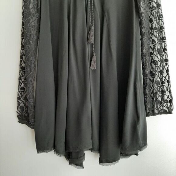 ECOTE Boho Floral Lace Tassel Tie Semi-Sheer Tunic Blouse Black Sz S - Picture 3 of 15